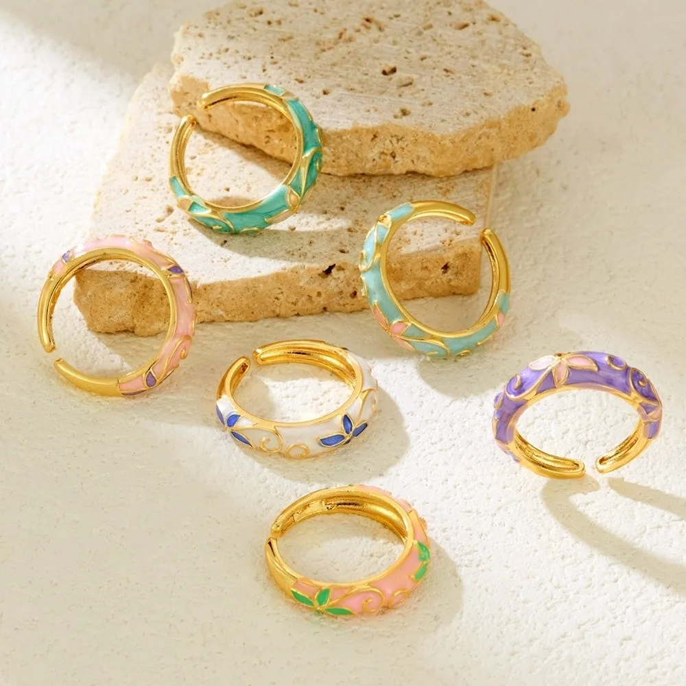 Unisex Colorful Oil-Drop Enamel Ring Retro Style Delicate Flower Open Ring Chinese Style Versatile Drip Glazing Ring Party