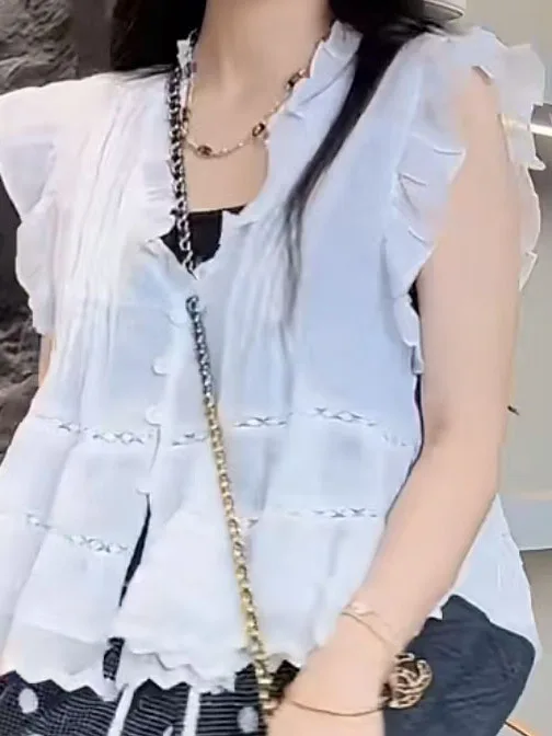 Summer Loose Large Size Women's irt Fairy Sve Lace Trim V-Ne Svel Top Gentle Wind Earlet Floral 