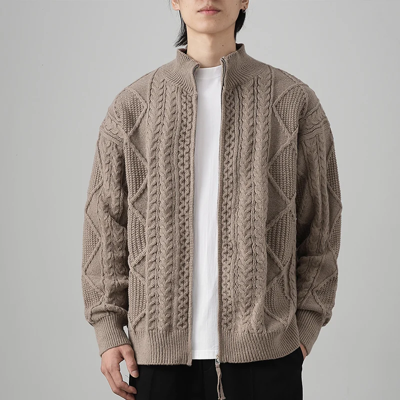 DUKEEN เสื้อสเวตเตอร์ถักผู้ชายฤดูใบไม้ร่วงและฤดูหนาวสบายๆหนาซิปเสื้อคอเต่าสีทึบเสื้อถักสําหรับชาย