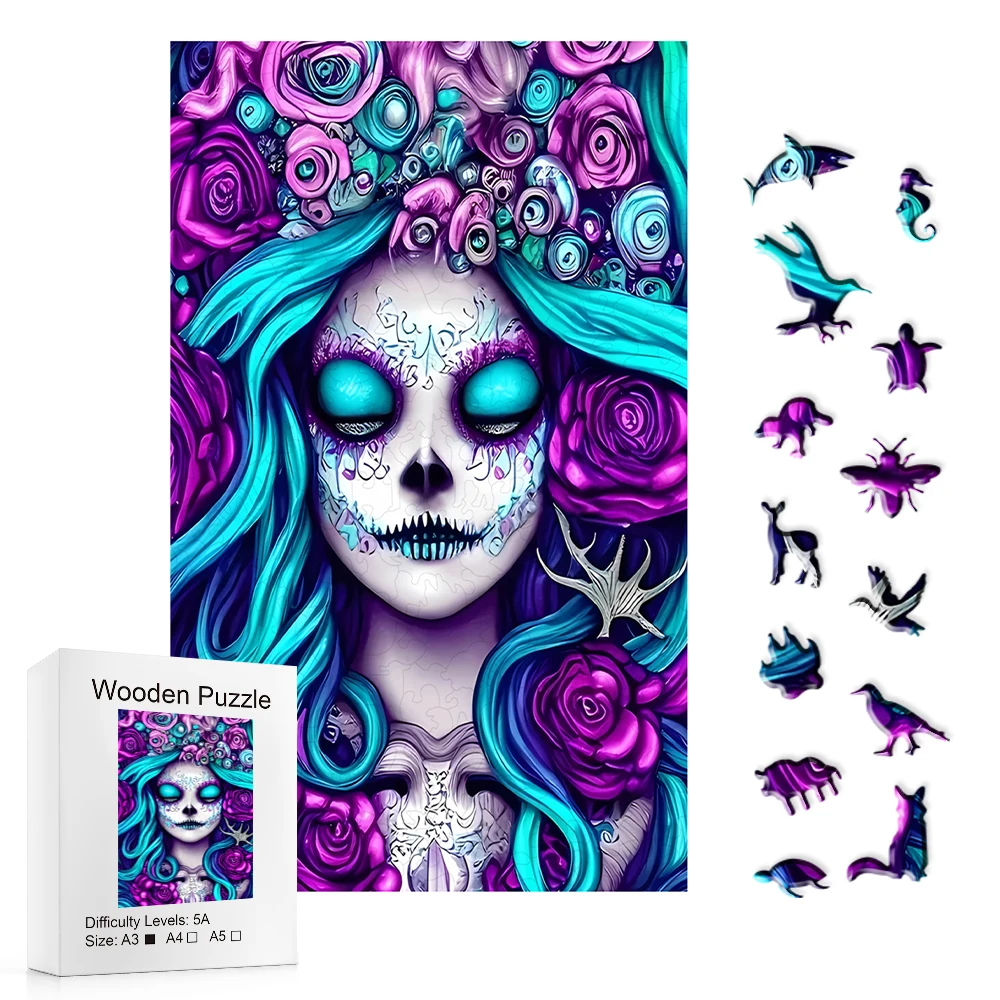 Mysterious Skeleton Wooden Puzzle Colored Death Fun Toy Wooden Puzzle Intelligent Game Round Puzzle