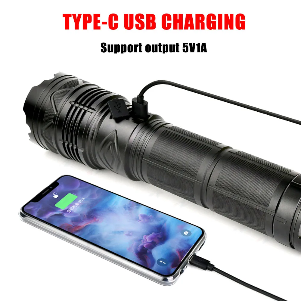 High Power White Laser Flashlight Super Bright LED Spotlight Long Range Torch Zoom Emergency Outdoor With Battery Indicator