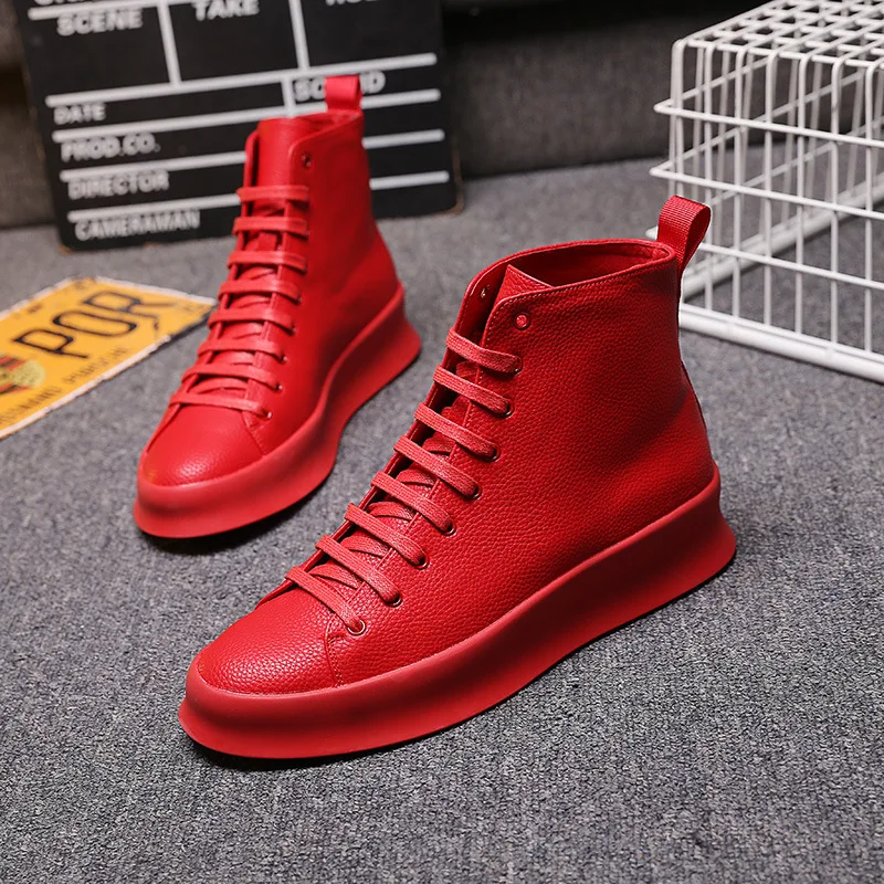 British design men casual platform shoes genuine leather flat shoe spring autumn lace-up sneakers black white red mans footwear