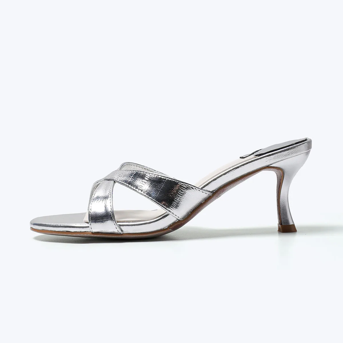 style silver high-heeled slippers women's fine heel first layer cowhide fashion temperament cross word with sexy cool slippers