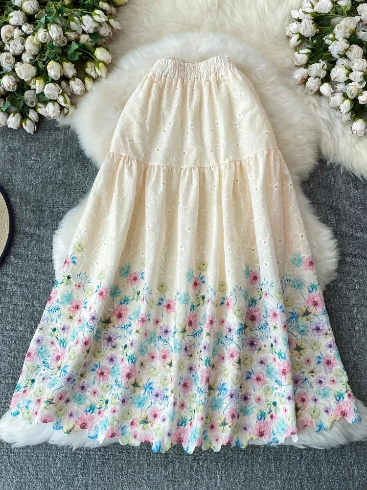 Falda Midi Premium Romántica con Bordado Floral de Crochet, Estilo Vacacional de Verano para Mujer, Diseño Elegante y Moderno, Cintura Alta