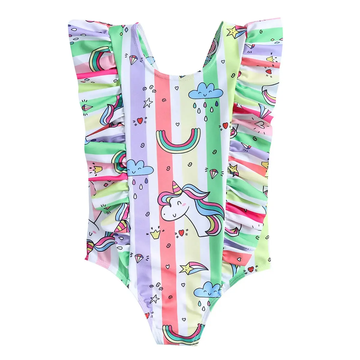 

Toddler Baby Girl's Rainbow Unicorn One Piece Swimsuit Ruffle Sleeveless Back V Summer Beach Pool Bathing Suits 6-12M 1-5Y
