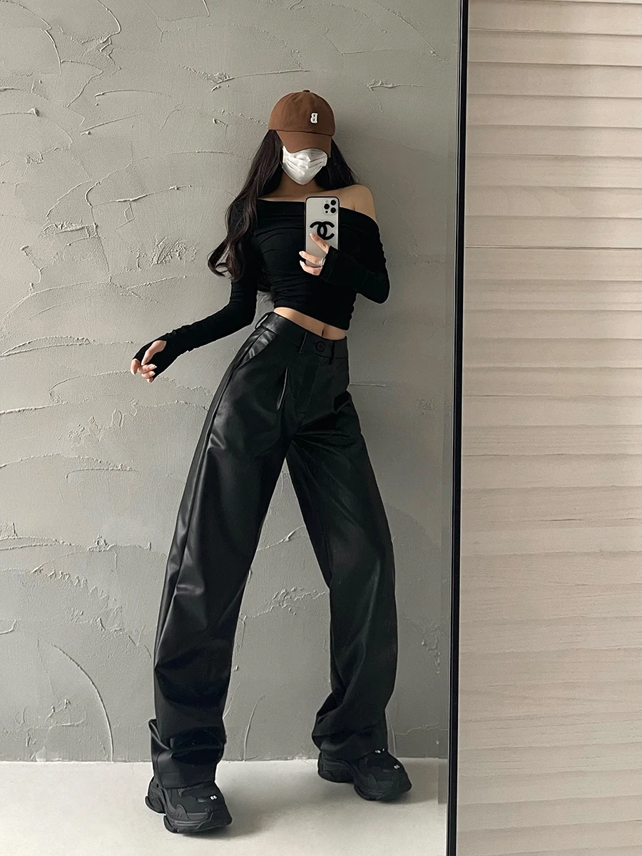 

Американские уличные свободные брюки из искусственной кожи с высокой талией, прямые повседневные длинные брюки для молодых девушек, модная мода