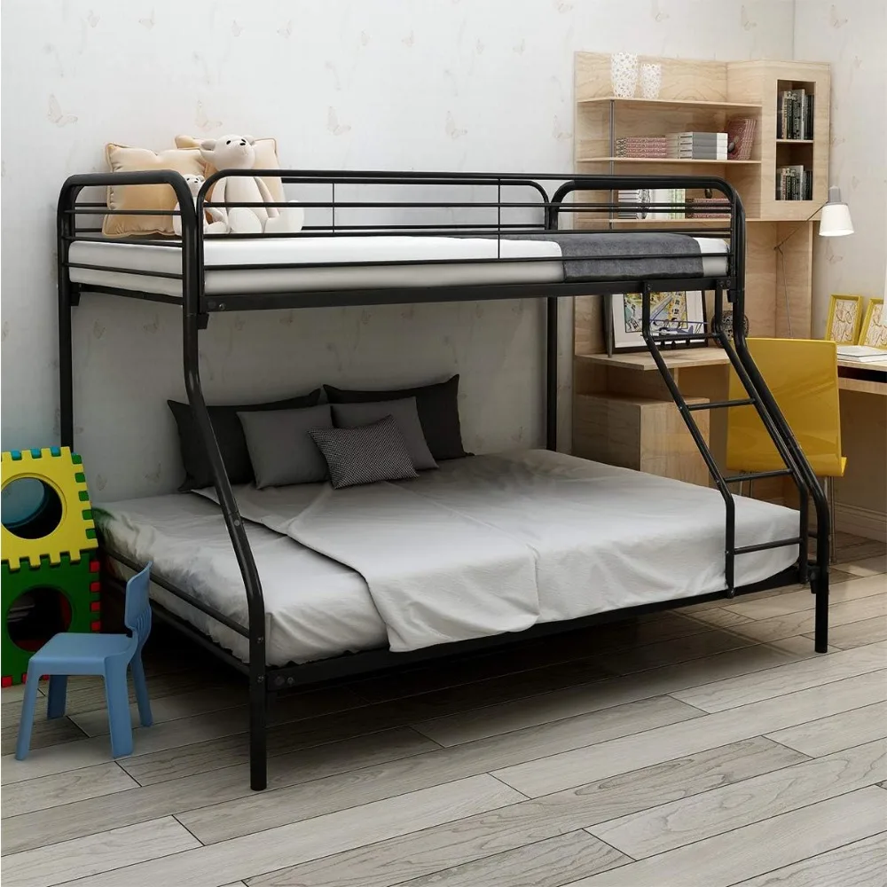 Metal bunk bed with metal frame and ladder, durable, reliable metal construction, sturdy ladder, no box springs required, black