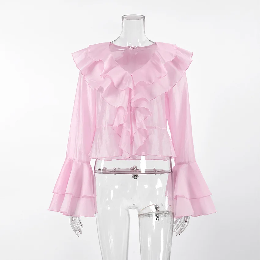 بلوزة شيفون فرنسية مكشكشة للنساء، تصميم ربيعي 2025، رقبة على شكل حرف V وردي، قميص بأكمام منتفخة