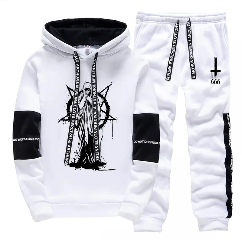 Fall/winter Popular Men's Tracksuit Hoodies Sweatpants 2 Piece Set Satan Pattern Print Sweatshirts Inverted Cross 666 Trousers