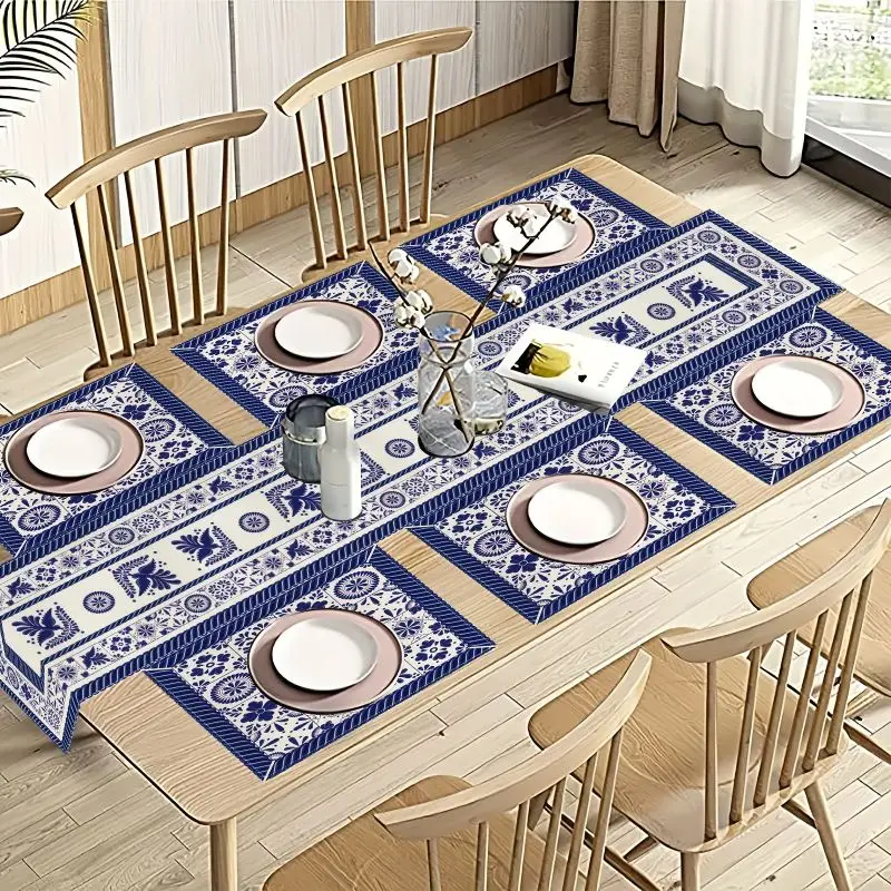 Retro Ethnic Style Blue And White Porcelain Table Flag Placemat Set Waterproof And Anti Slip Kitchen Dining Table Mat Home Decor