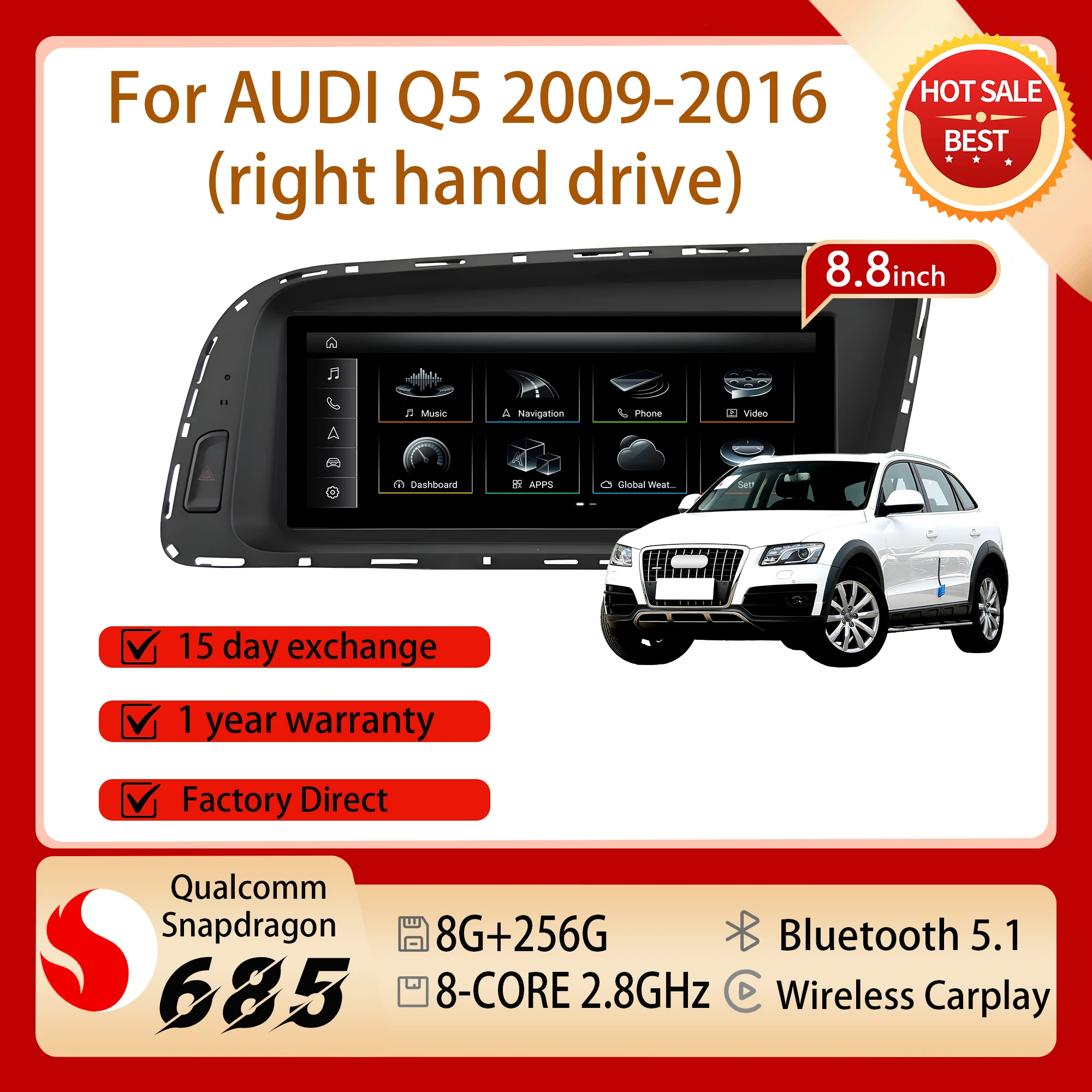 8.8'' Right Hand Drive For AUDI Q5 2009-2016 Snapdragon 680 Touch Screen Carplay Car Radio Android 14 BT Wireless Navigation GPS