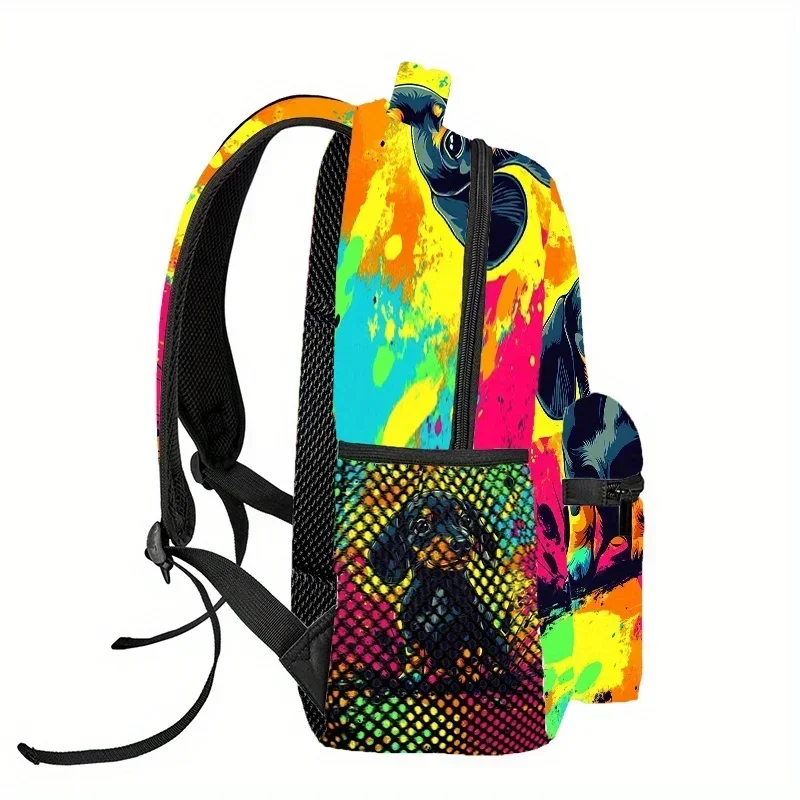 Custom Bag Vibrant Dachshund Print Backpack - Lightweight Polyester, Adjustable Straps, Zip Closure - Ideal For Hiking, Camping,