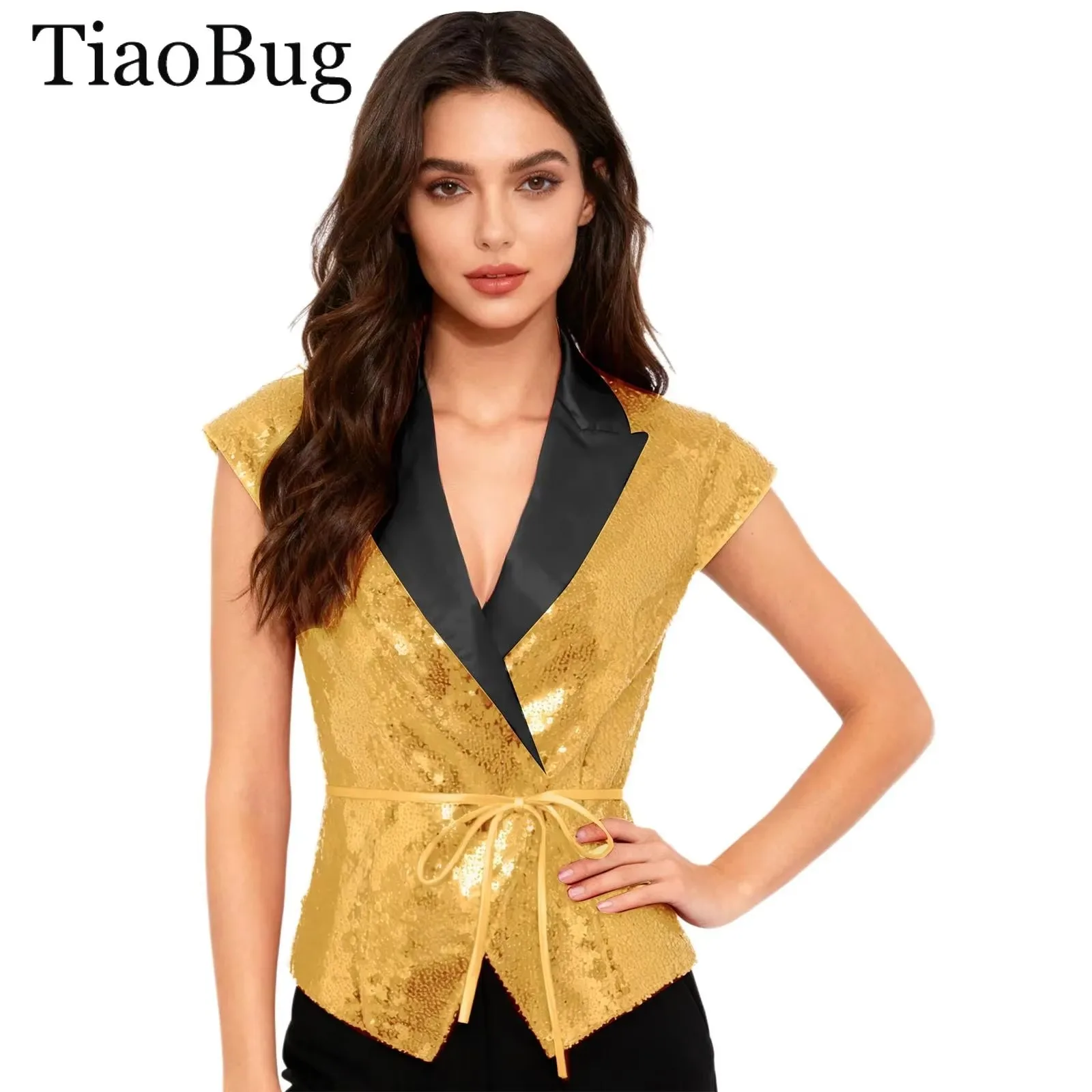 Women Sequin Vest V-neck Label Cap Sleeves Wedding Party Waistcoat with Belt Rave Music Festival Jazz Dance Costume Clubwear
