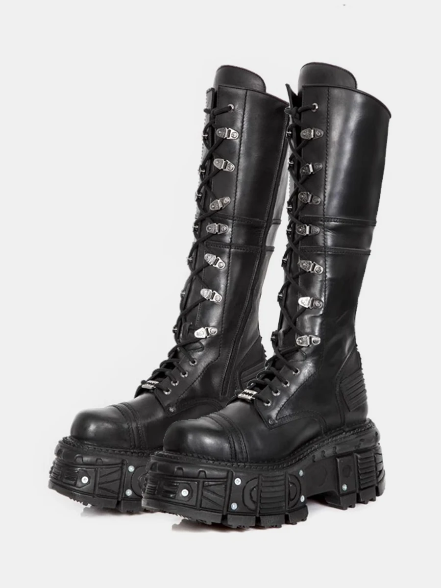 

Women Thick Sole Metal Punk Knight Boots Autumn New Fashion Round Street Rock Motorcycle Boots Party Casual Sports Lace-Up Boot