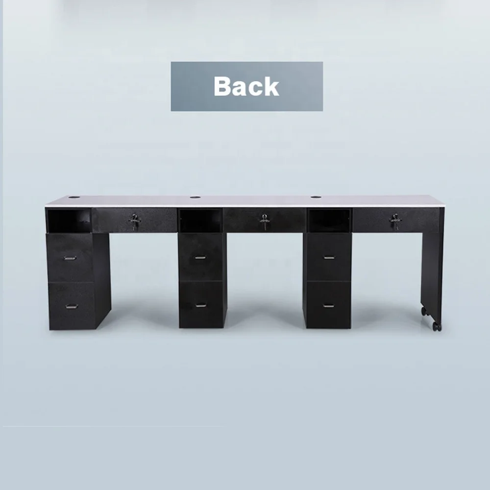 Furnitur Salon Kecantikan Mewah Modern Meja Manikur Hitam Tiga Stasiun Kuku Spa Kotor Tinggi Atas Kuarsa dengan Roda