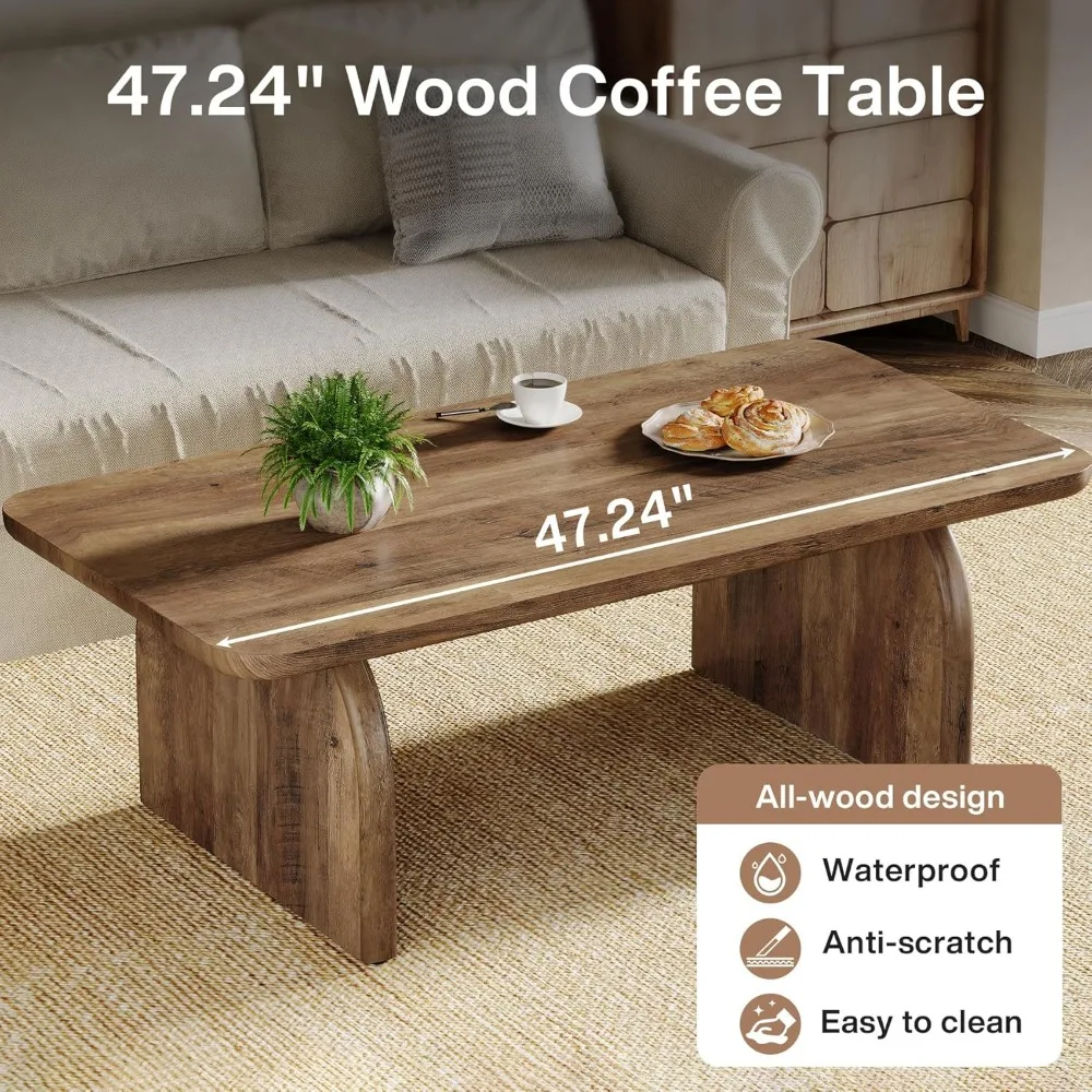 Rectangular Wood Coffee Table, 47-Inch Living Room Centerpiece, Farmhouse Style Low Cocktail Table with Accent Storage