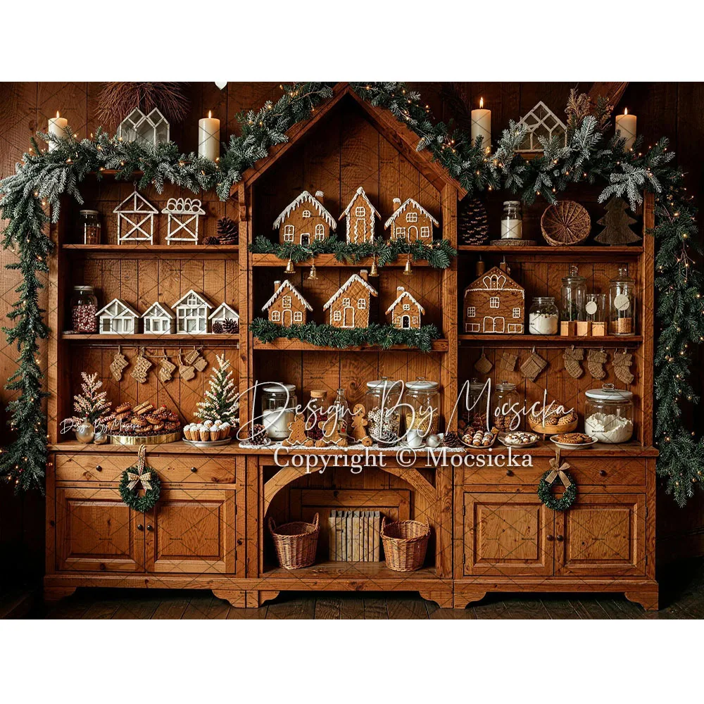 Mocsicka Christmas Kitchen Backdrop Photography Vintage Farmhouse Window Cabinet Nutcracker Wreath Background Kid Holiday Photo