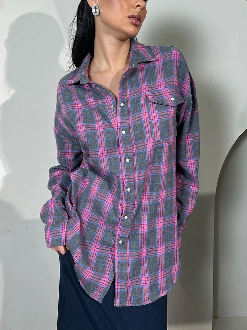 

2026 Women Vintage Plaid Blouses Chic Trend Long Sleeve Tops Spring Female Pocket Outerwear Casual Single Breasted T-Shirt