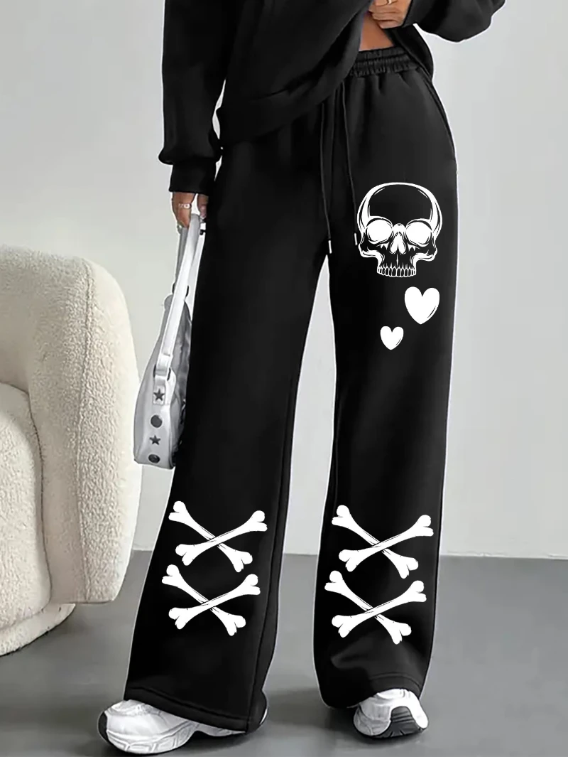 

Women's Trendy Black Joggers with White Skull & " Disorder" Print - Casual Hip-Hop Style Drawstring Straight-Leg Sweatpants