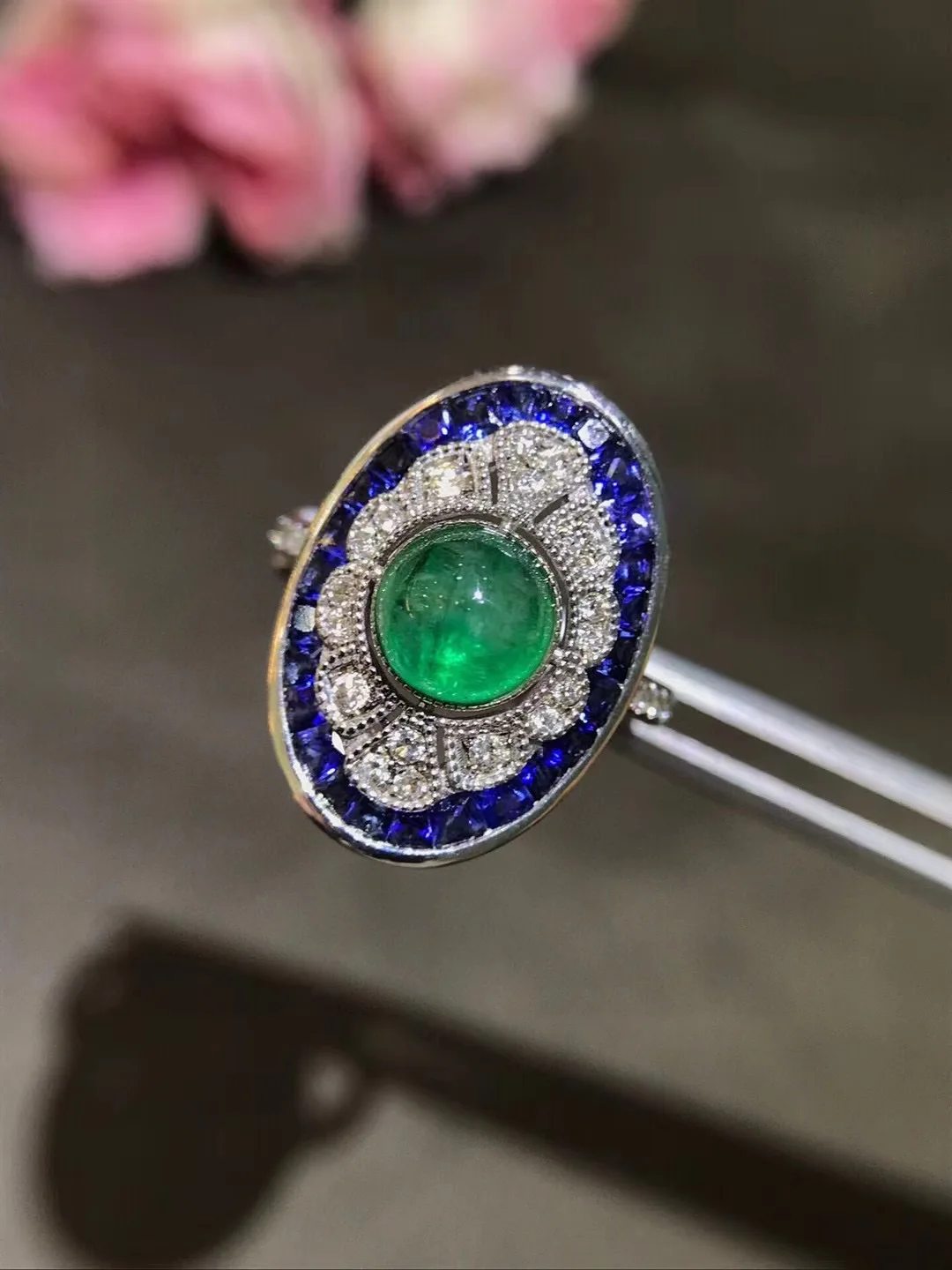 natural plain emerald and sapphire ring 18K white gold with diamond fine women jewelry free shipping vintage