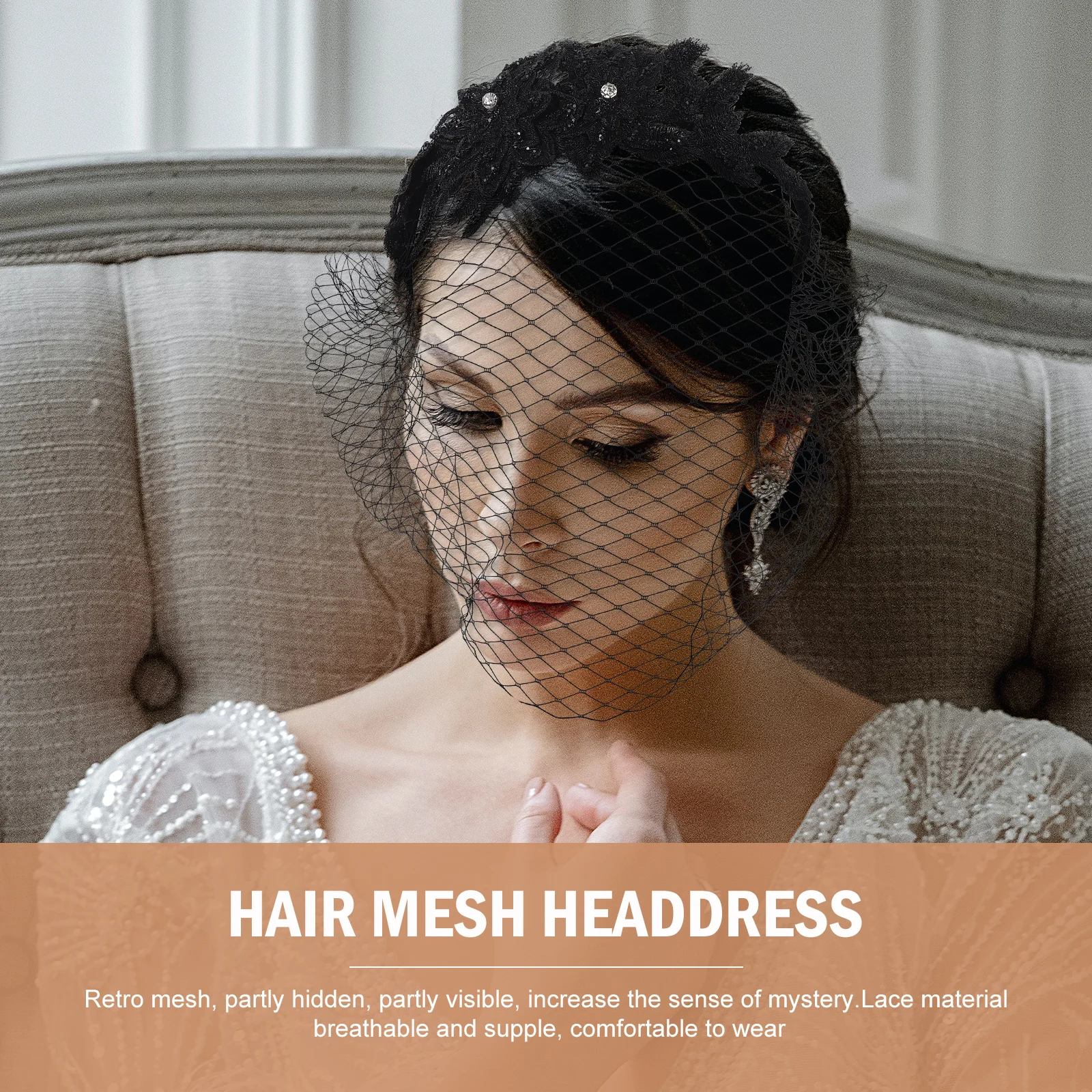 

Retro Headband Hair Accessories Black Bride Wedding Veil Rhinestones Lace Mesh Fascinator for Women