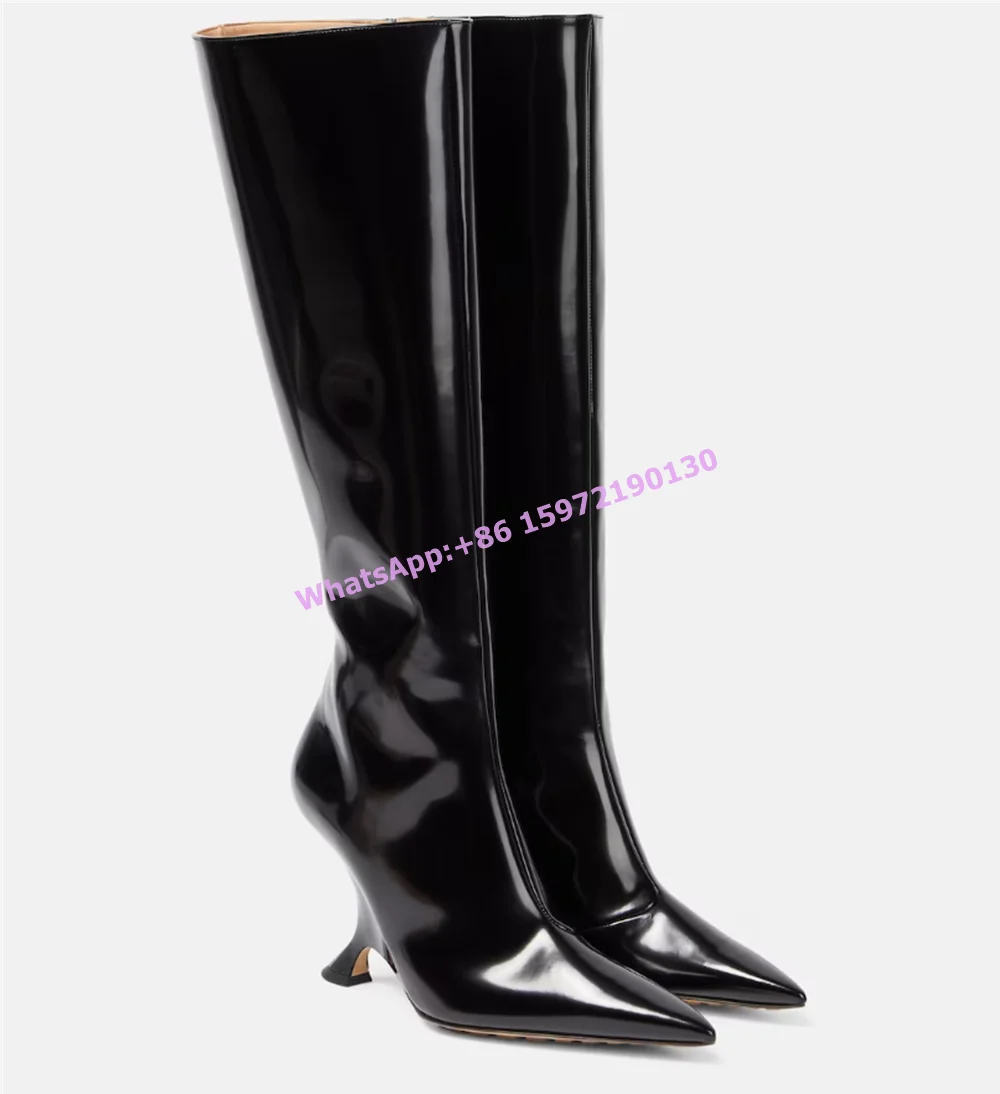 

Strange Style Heels Modern Boots Pointy Toe Solid Black Silvery Patent Leather Side Zipper Shoes Women's Sexy Knee High Boots