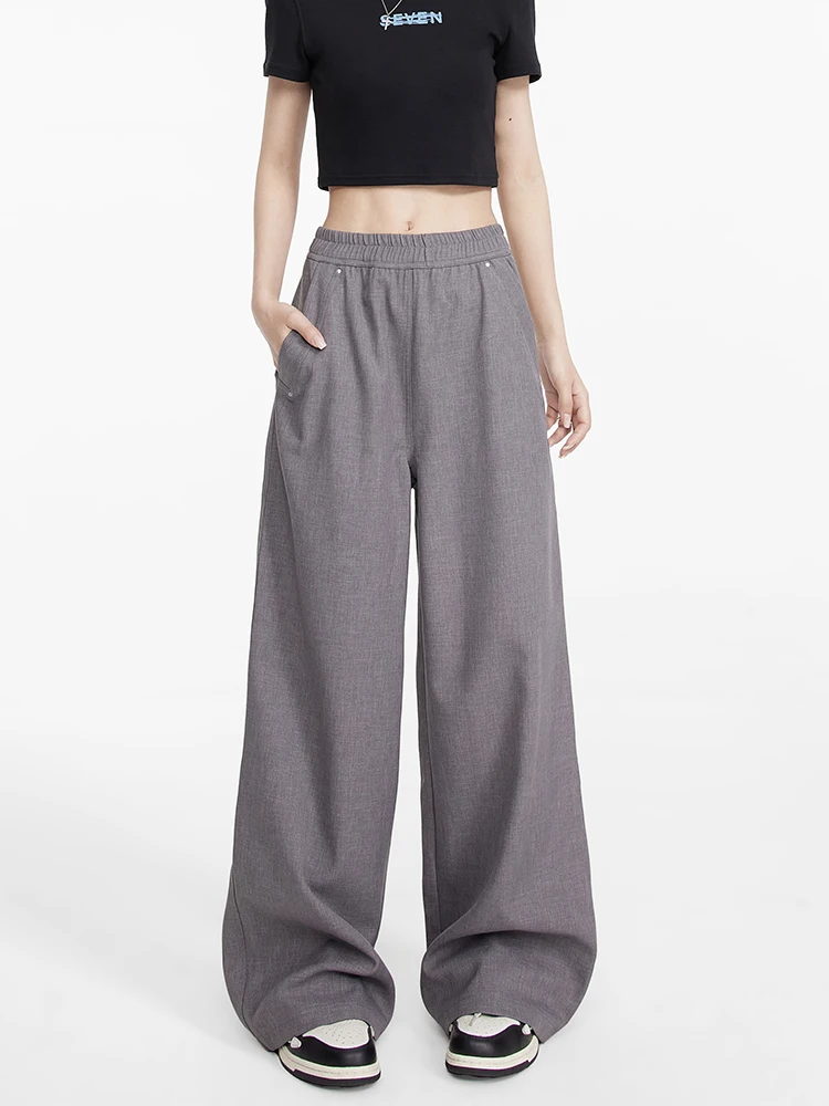 

ey Wide Leg Sports Pants Women's Thin Elastic Waist Loose Hip Covering Sweatpants Straight Leg Casual Trousers