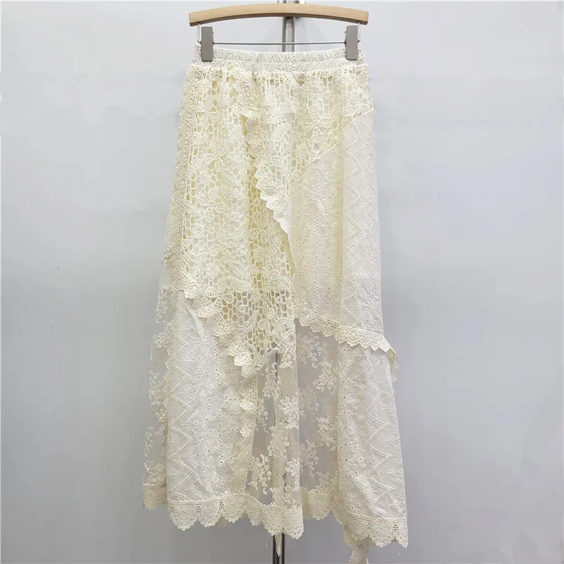 HKSH 2026 Spring Summer New Women Skirt Asymmetric Design Heavy Craft Embroidery Elastic Waisted Draped Ins Sweet Skirts HK17227