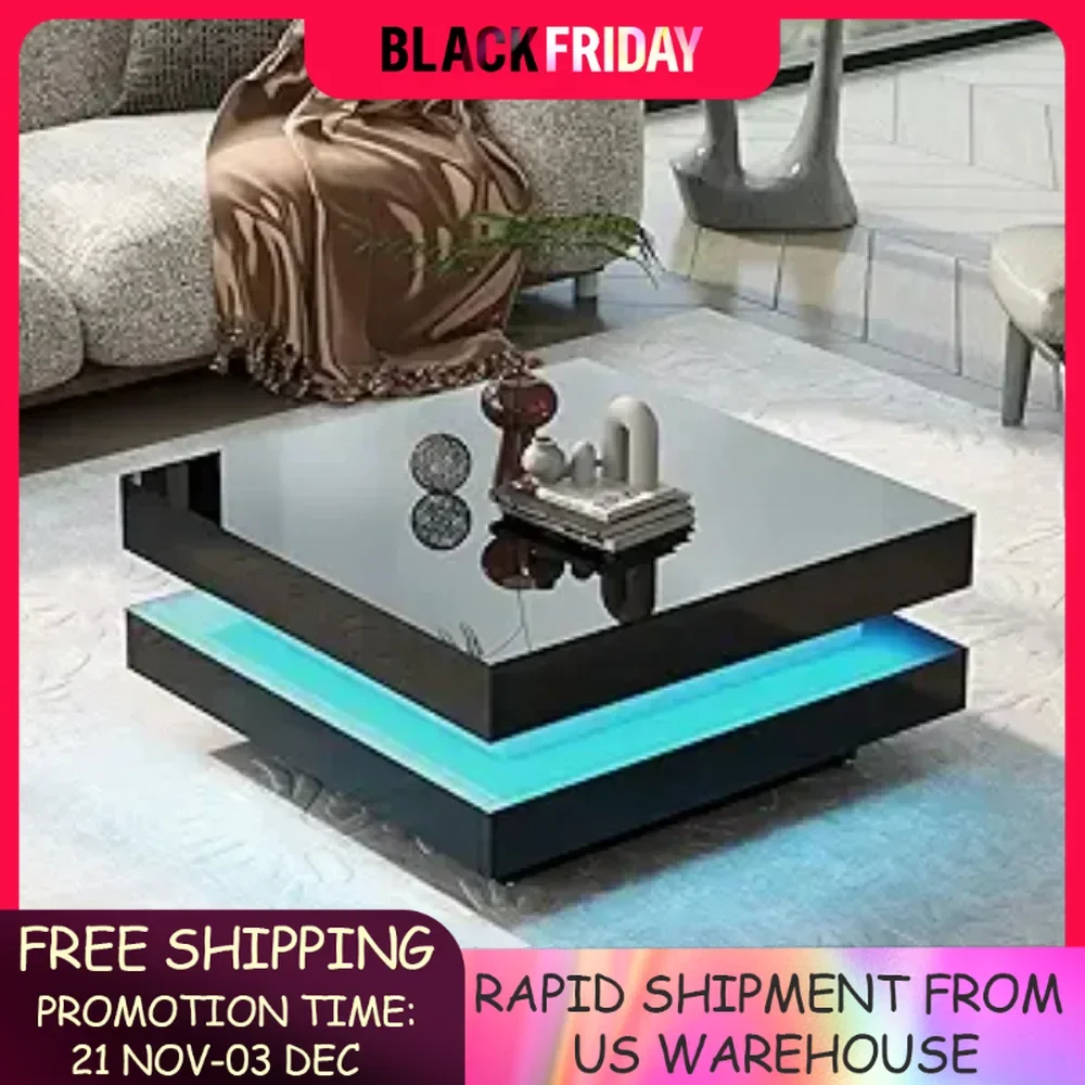 Coffee Table Modern Minimalist Design High Gloss 31.5 Inch 2 Tier Square  with Plug-In 16 Color LED Lights  Café Tables