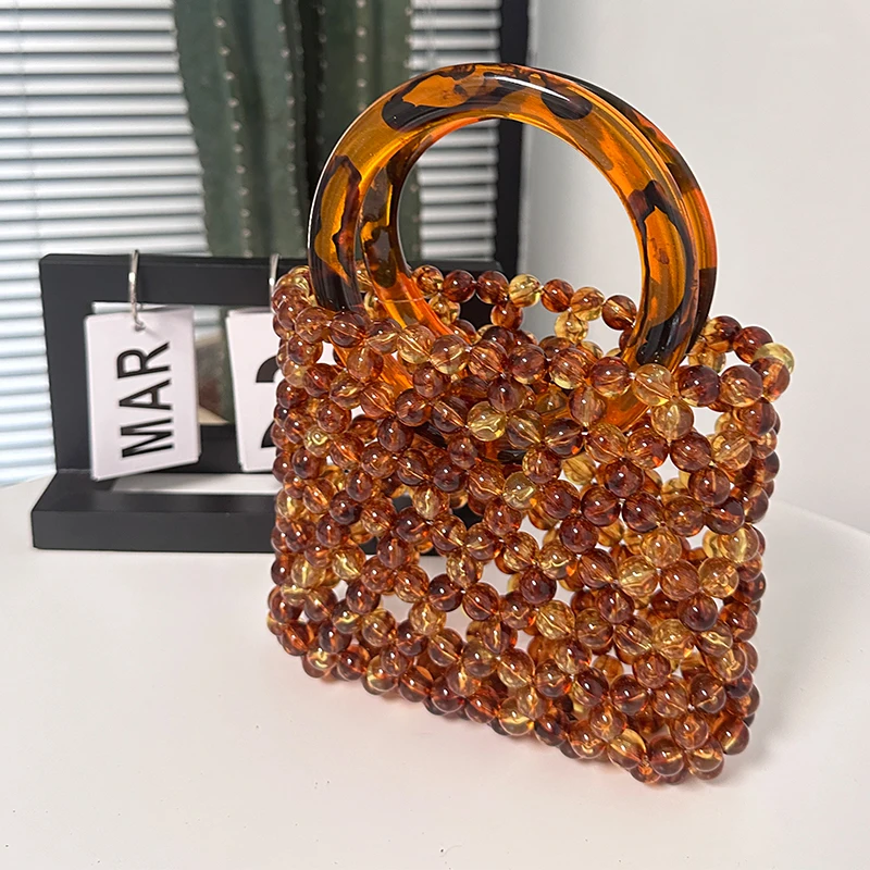 Bursztynowa torebka damska moda Vintage Ins kawa dzianinowa torba z koralikami DIY spersonalizowane letnie damskie kryształowe torby Sac à Main Femme