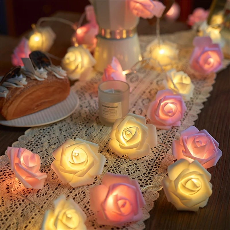 20 Lights Artificial Rose Flower LED Fairy String Light Battery Powered Wedding Party Mother's Day Home Bedroom Decoration