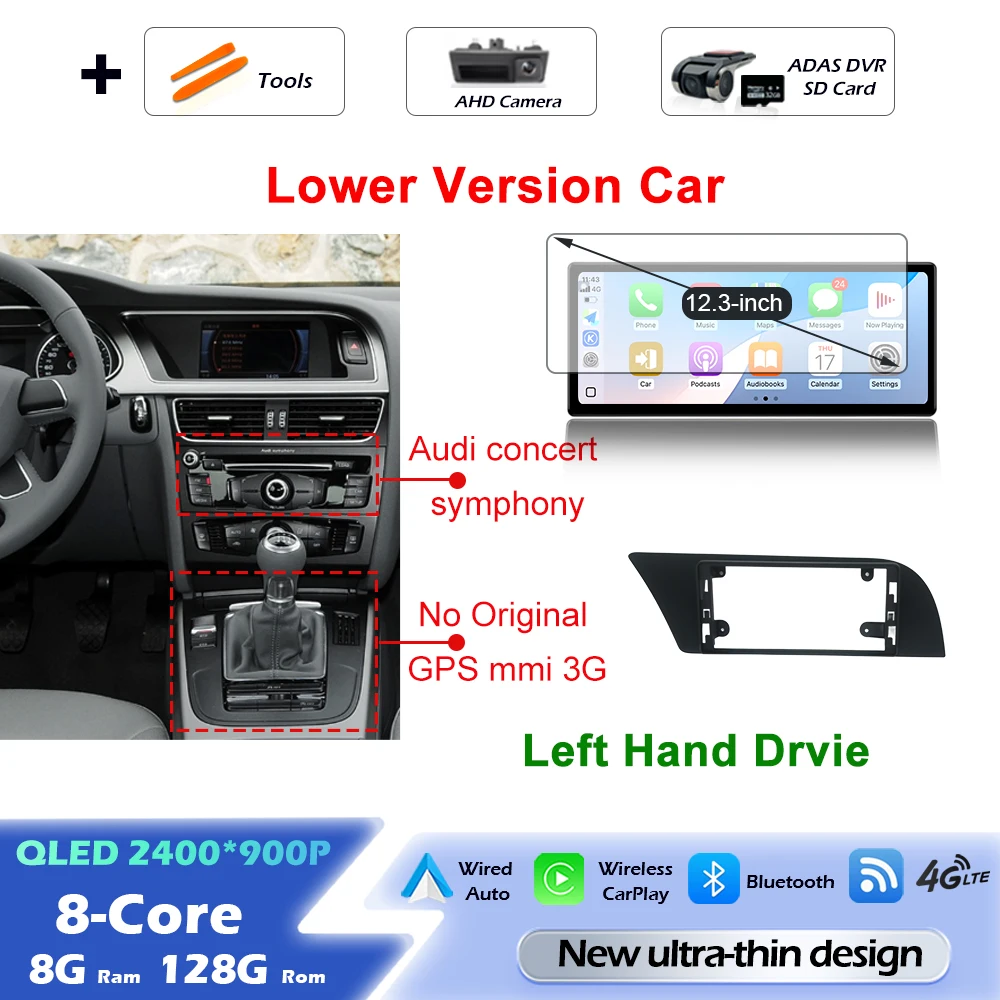 Android 16 draadloze Carplay autoradio multimediaspeler GPS navigatie ultradunne scherm DSP stereo WiFi voor Audi A4 B8 A5 2009 - 2016
