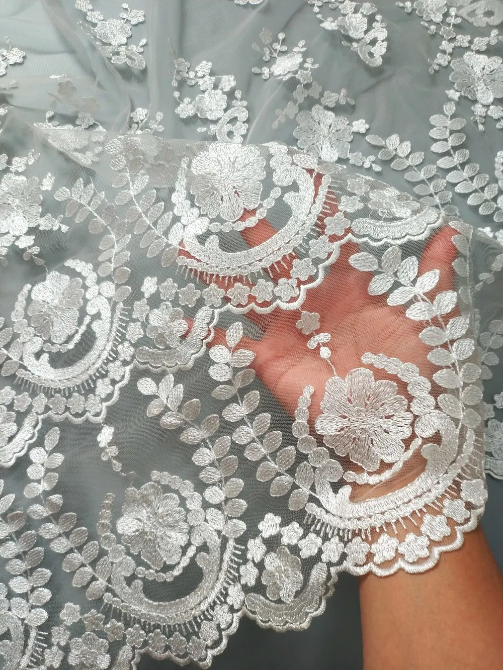 

High-end white mesh lace embroidered fabric, elegant cord lace French tulle fabric, wedding dress, DIY sewing fabric