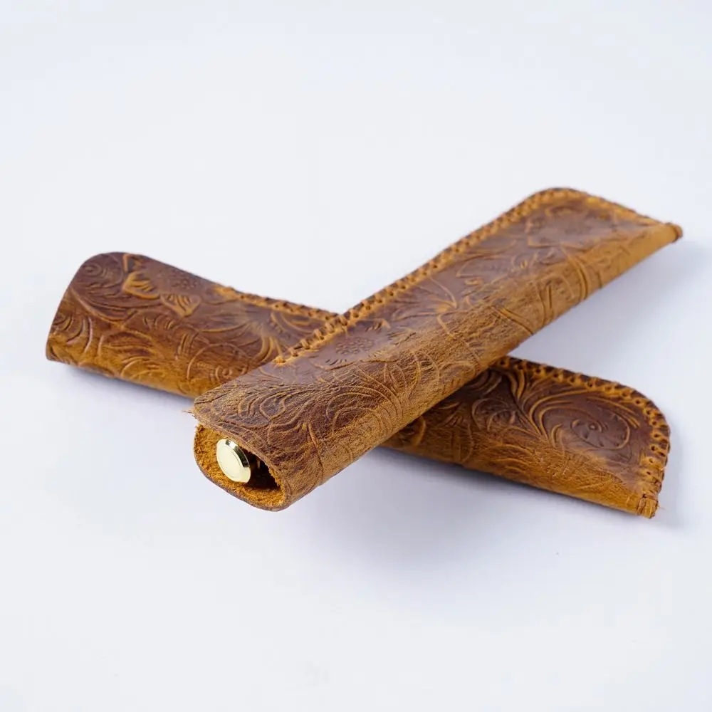 Genuine Leather Creative Brown Embossing Flower Pen Bag Storage Bag Pencil Pouch Gift Protection Case