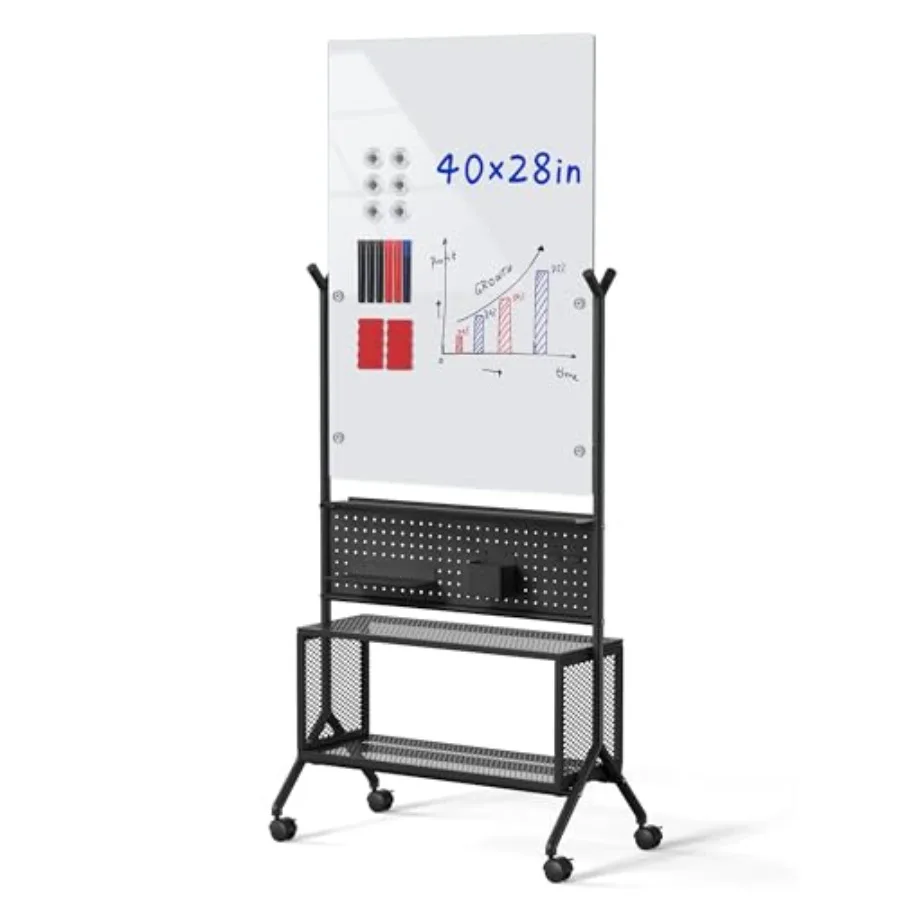

Двусторонняя магнитная стеклянная доска для записей 40 x 28 дюймов с войлочной основой и местом для хранения, для офиса и класса, черная