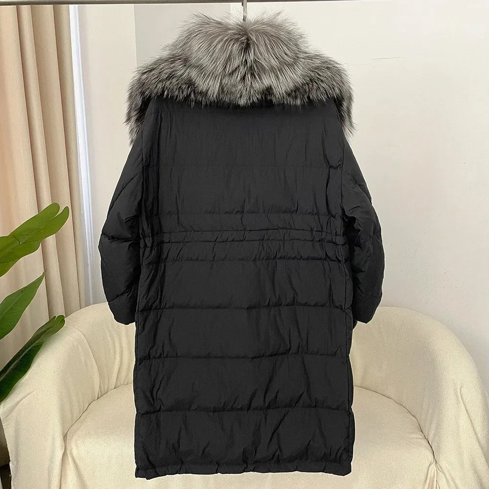 Autumn Winter Mid-length Down Jacket Removable Natural Fox Fur Collar Women Thickened Warm Waist Down Jacket 50% White Duck Down