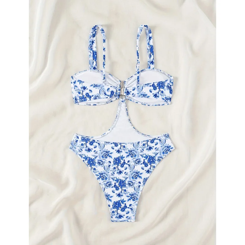 2025 Blue Porcelain Monokini Sexy Straps Bikini Bodysuit Women's Sexy Backless One-Piece Swimsuit Chinese Print Swimwear Female