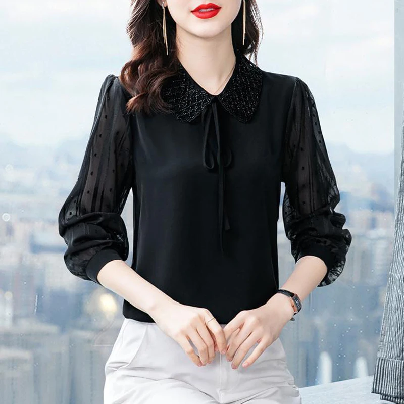 Women Bow Lace Up Beaded Chic Elegant Blouse Office Lady Fashion Black Chiffon Shirts Long Sleeve Tops 2024 Spring Summer Blusas