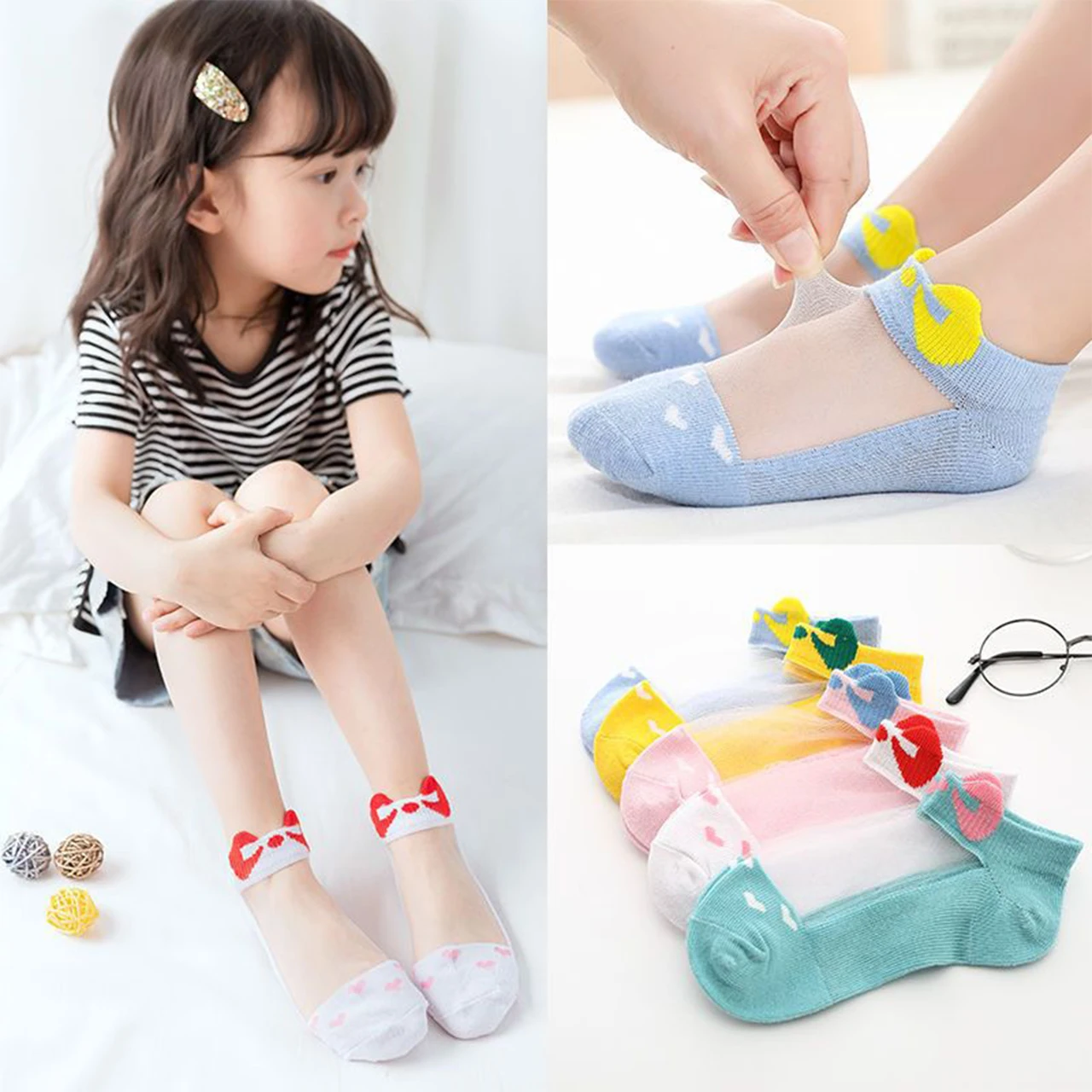 

5 пар милых детских сетчатых носков с героями мультфильмов, тонкие дышащие детские короткие носки, носки-лодочки для девочек 1–5 лет, мягкая хлопковая детская шелковая обувь