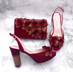 BS1693 Luxury New Design Custom Handmade Women Shoes Floral  Bridal Wedding Shoes Wine Red Gold Flower Shoes With Matching Bag