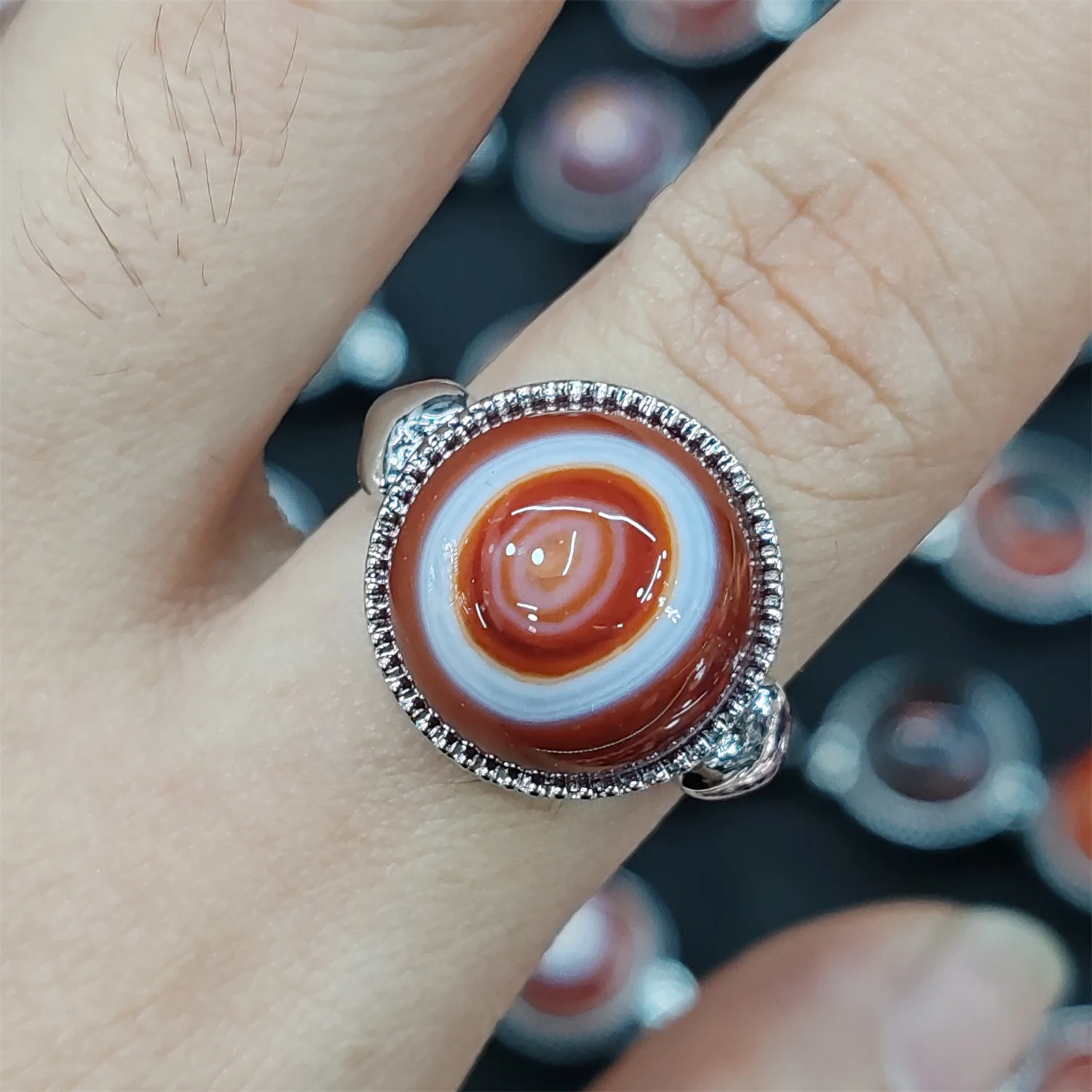 Bague dzi en agate incrustée d'argent S925, motif d'oeil parfaitement rond sélectionné, taille réglable, style ethnique exquis, 5 pièces/lot