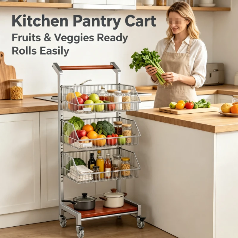 Rolling Wire Basket Storage Cart With Wood Handle Multi Tier Organizer For Kitchen Pantry Bedroom Living Room Home Office Use