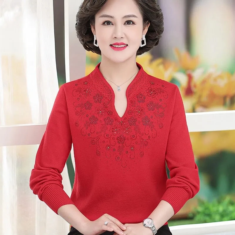 Women Cashmere Sweater 2022 Autumn New Middle-aged Mother Knitted Jumper Female Cheongsam Collar Pullovers Elegant Bottom Shirts