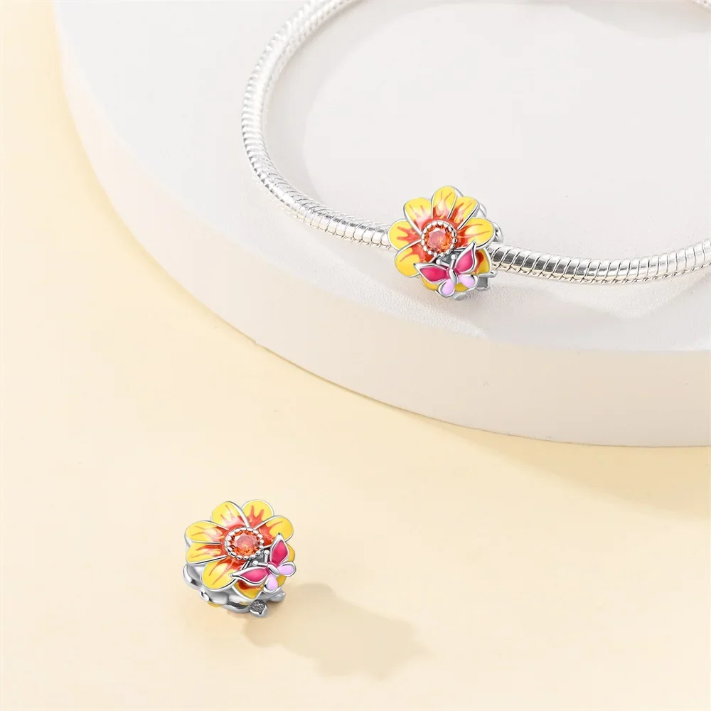 سحر الأصلي 925 فضة عباد الشمس الأحمر فراشة الخرز صالح سوار المرأة صنع المجوهرات Diy بها بنفسك هدية #2