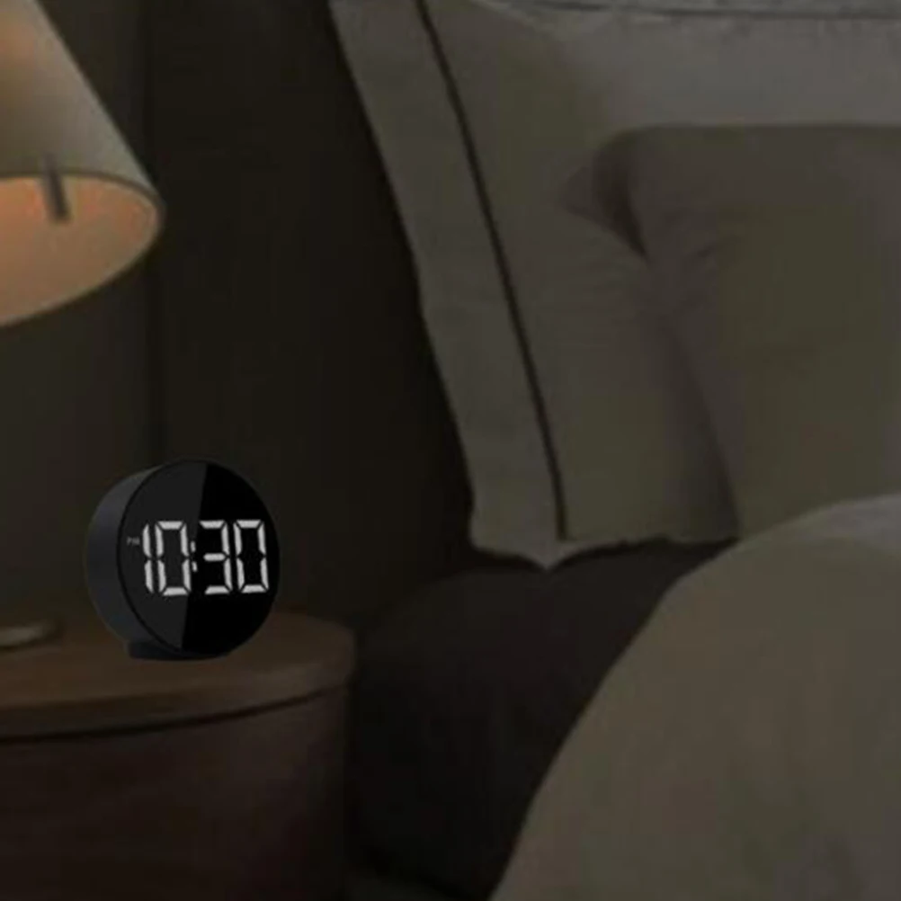 

LED Screen Voice Control Alarm Clock Black Reflective Surface Technology Style USB -Free Temperature Display Bedroom