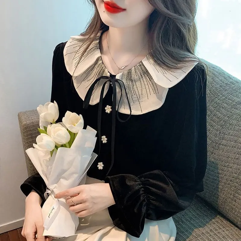 Sweet Peter Pan Collar Velvet Blouse Drawstring Bow 2024 Autumn Long Sleeve Women\'s Clothing Stylish Pearl Single-breasted Shirt