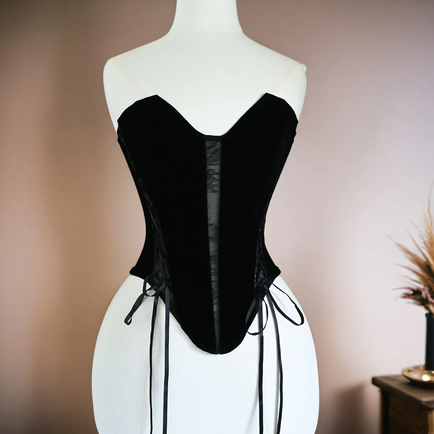 

Women Tight Corset Crops Bustier Overbust Velvet Mesh Lace Up Elegant Bodices Strapless Shapewear Slimm Waist Boned Tube Tops