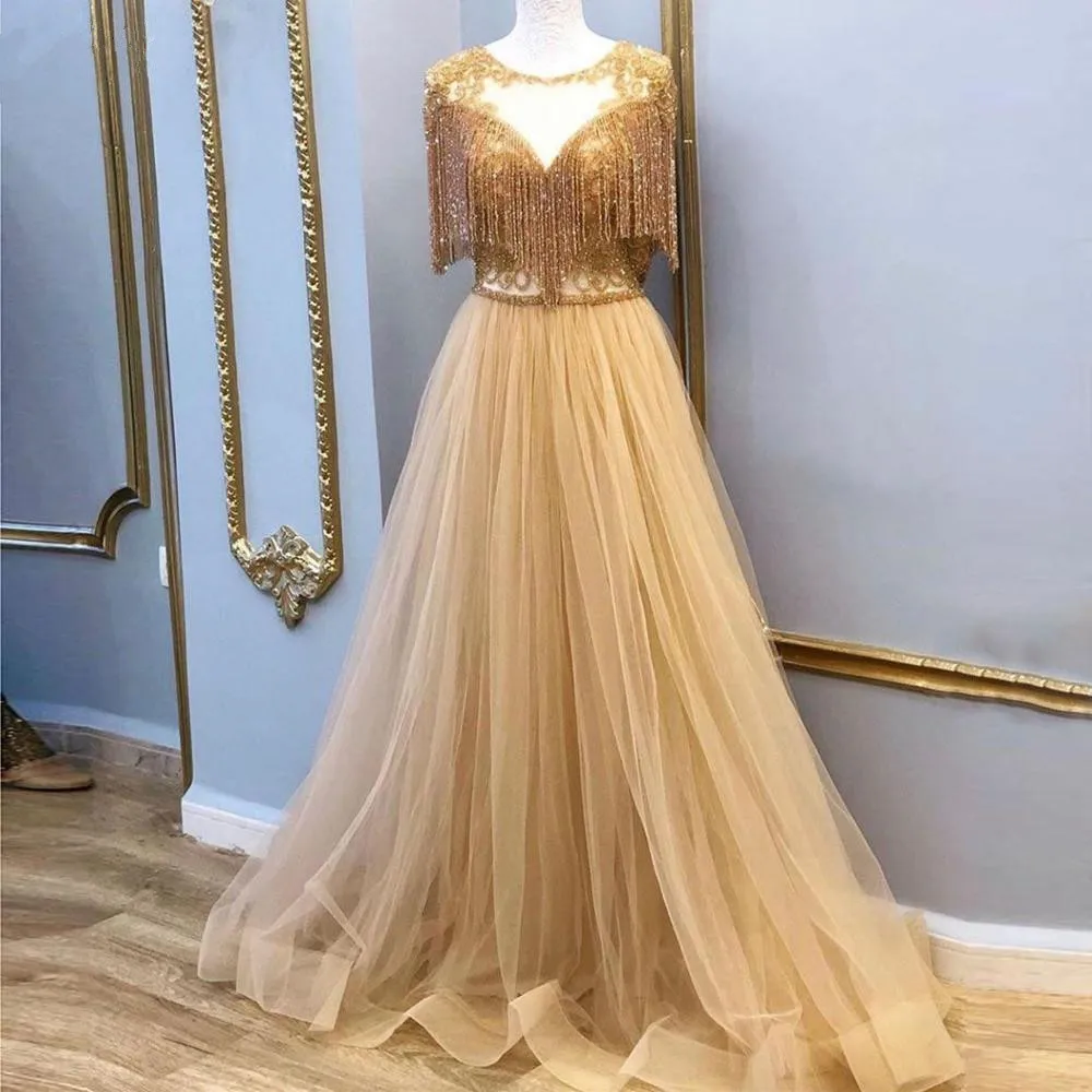 Gold Beaded Perspective Evening Dress A-line Tassel Wedding Party Aso ebi Prom Dress Plus Size Customization