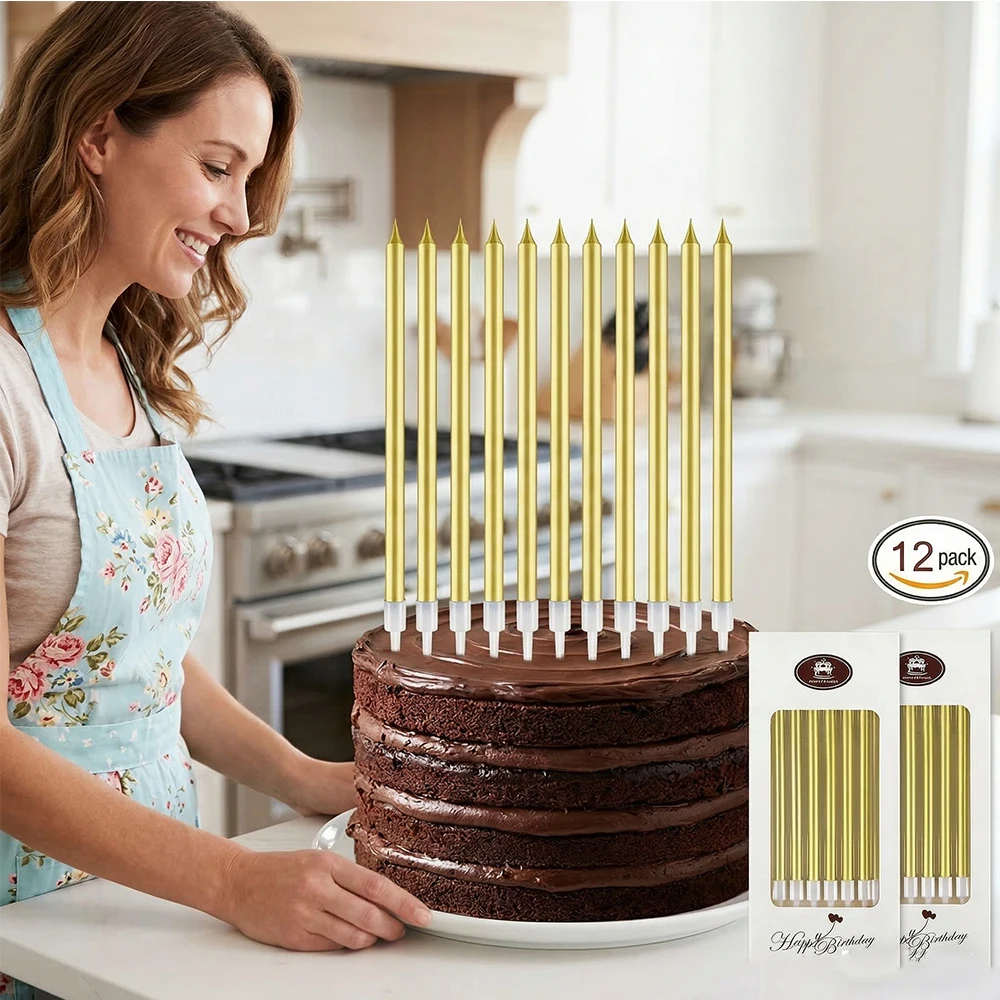12er-Pack Lange Dünne Geburtstagskerzen Langsam Brennende Goldene Tortenkerzen für Geburtstag Hochzeit Glücksparty Dekoration – Detail 5