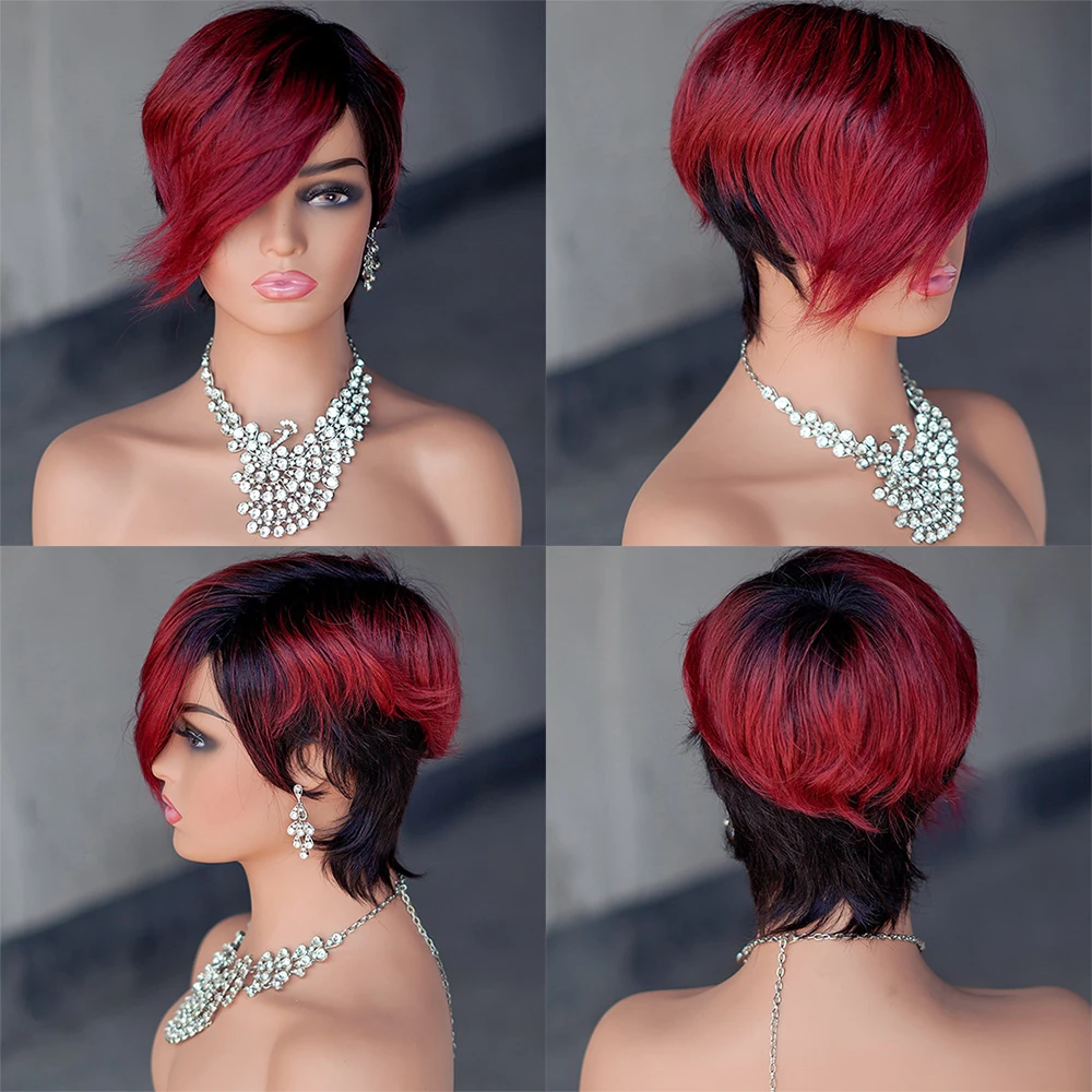 Wig rambut manusia Ombre merah Burgundy mesin Wig dibuat Wig potongan Pixie lurus pendek Wig dengan poni untuk wanita rambut Remy Brasil